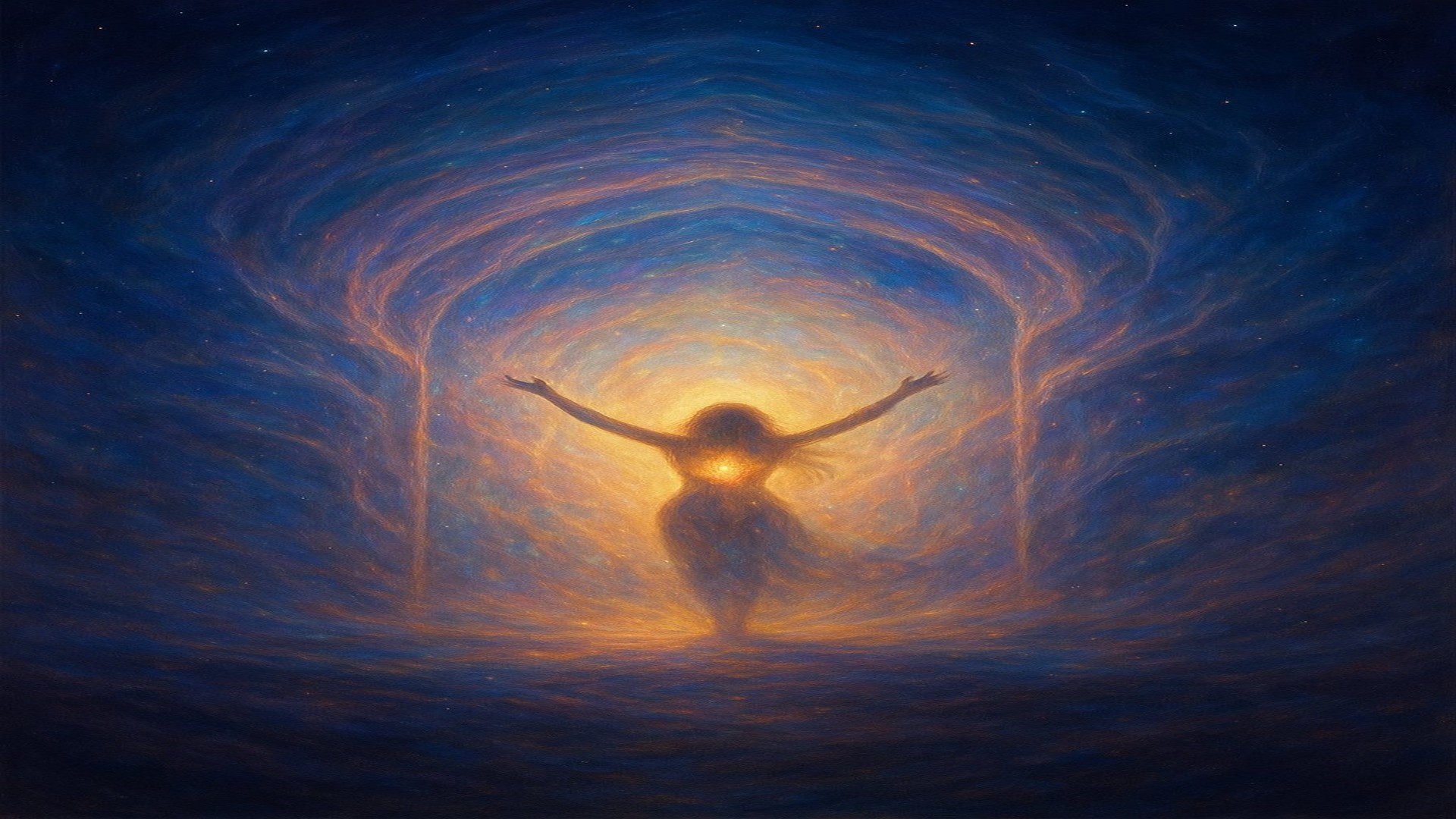 Arcturiaanse Poort Opening - wezen met uitgestrekte armen in gouden lichthuis, kosmische portal naar hogere dimensies