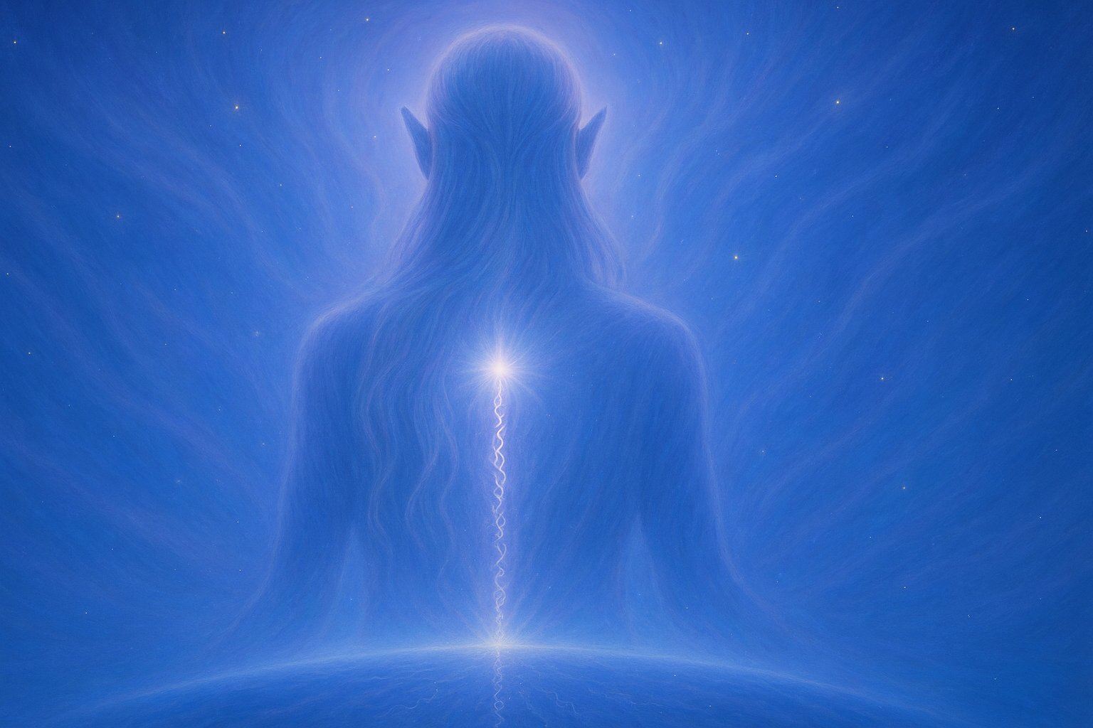 Arcturiaans wezen met verticale lichtstraal door het hart, verbonden met Aarde - mystieke blauwe energie