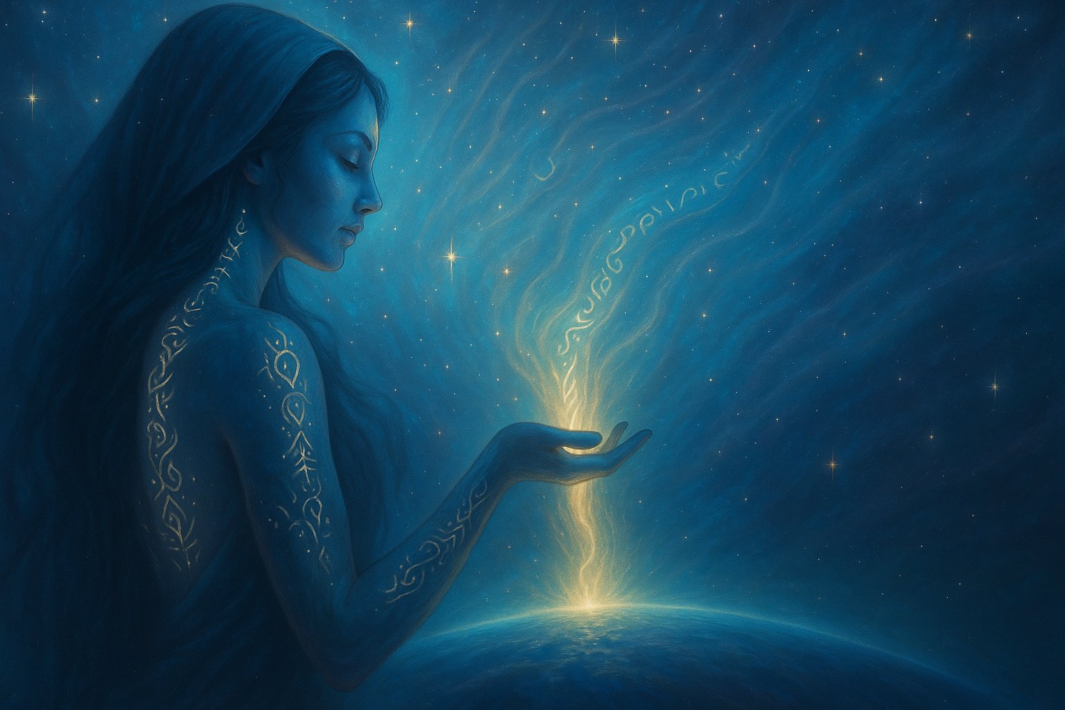 Arcturiaanse vrouw in meditatie met gouden lichtenergie in haar handen, verbonden met Aarde